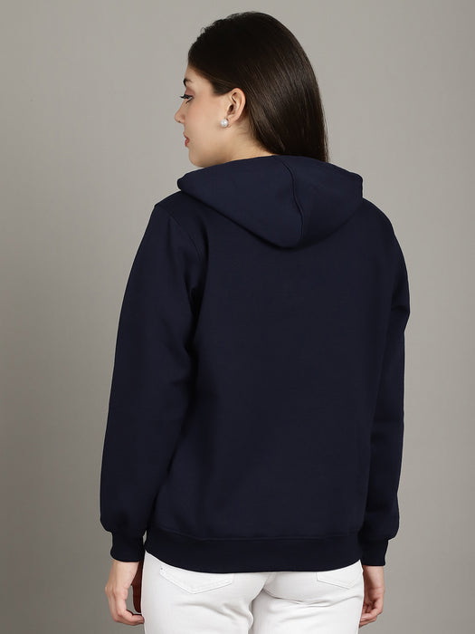 Women Navy blue Hood Neck Full Sleeve Fleece Freedom Print Hoodie with kangaroo Pocket