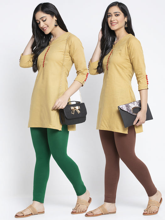 Women Pakistani Green Brown Super Combed Cotton Lycra Legging