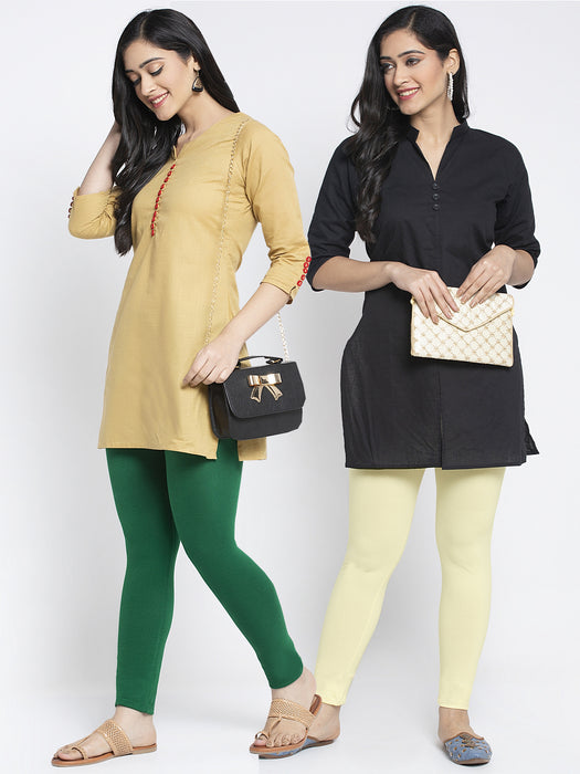 Women Pakistani Green Cream Super Combed Cotton Lycra Legging