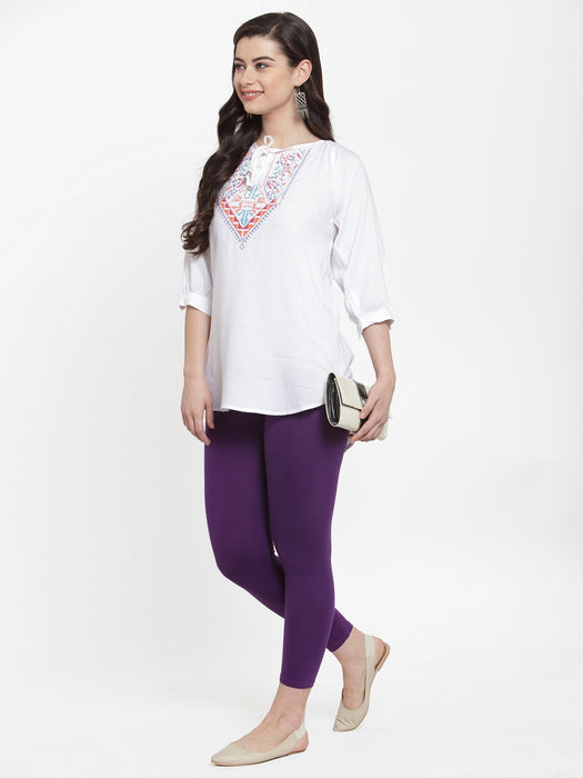 Women Purple Off White Super Combed Cotton Lycra Legging