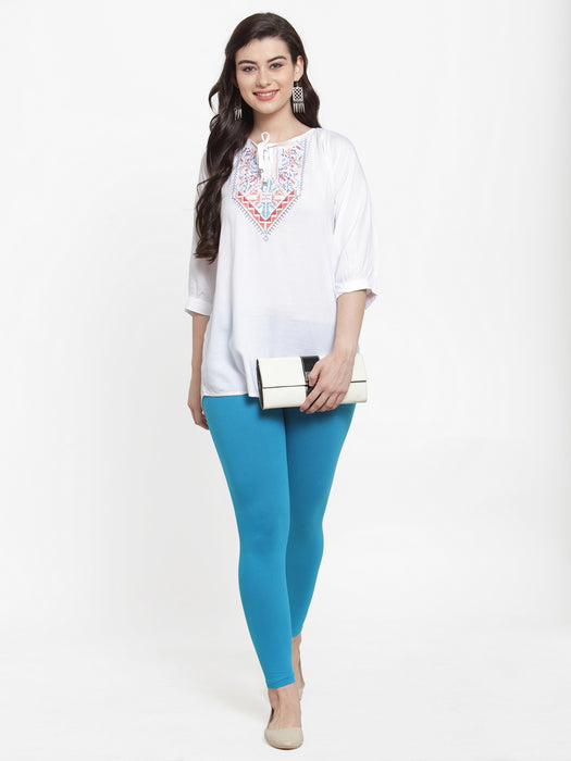 Women Sky Blue Cream Super Combed Cotton Lycra Legging