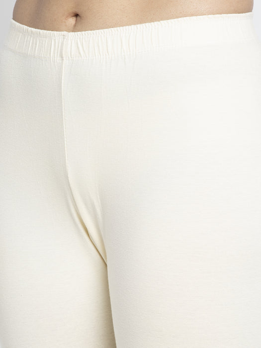 Women Sea Green Off White Super Combed Cotton Lycra Legging
