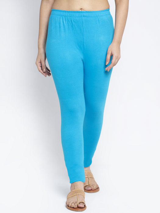 Women Blue Firozi Super Combed Cotton Lycra Legging