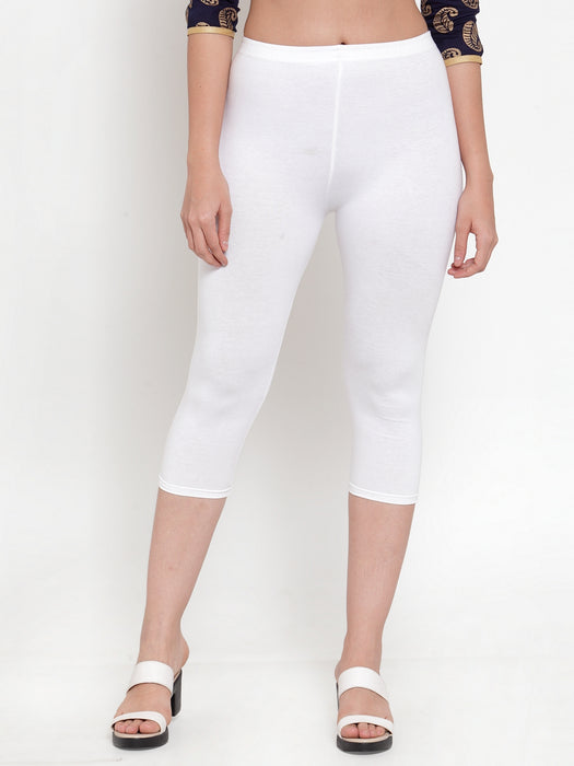 Women White Orange Super Combod Cotton Lycra Capri