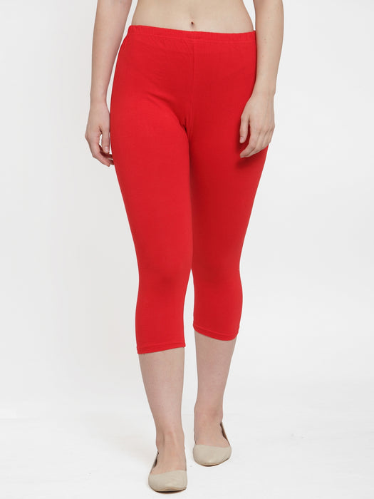 Women Red Orange Super Combod Cotton Lycra Capri