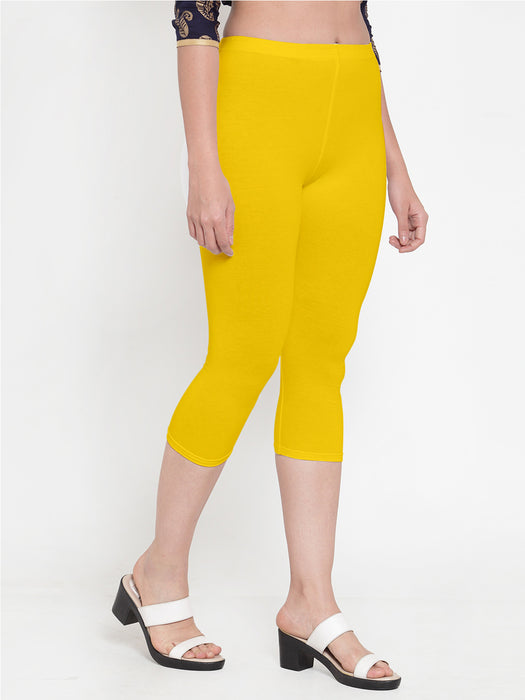 Women Black Yellow Super Combed Cotton Lycra Capri