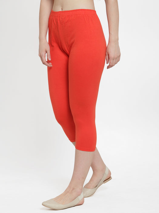 Women Red Orange Super Combod Cotton Lycra Capri