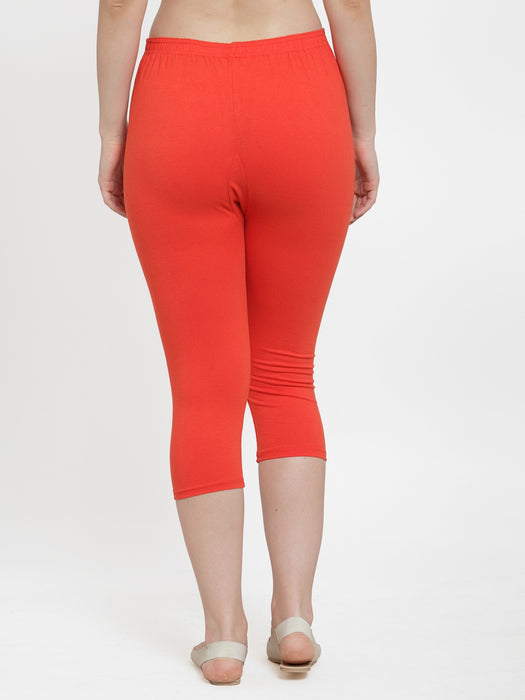 Women White Orange Super Combod Cotton Lycra Capri