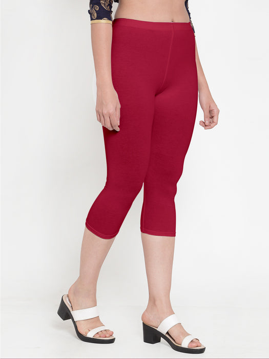 Women Black Maroon Super Combed Cotton Lycra Capri