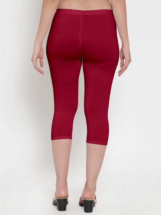 Women Black Maroon Super Combed Cotton Lycra Capri