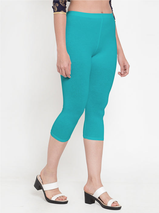 Women Royal Blue Aqua Super Combod Cotton Lycra Capri — Gracit