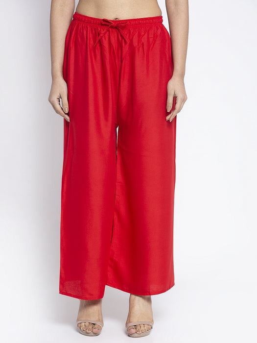 Women Red Rayon Solid Palazzo