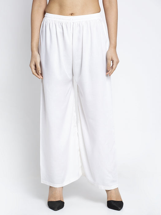 Women Off White Rayon Solid Palazzo