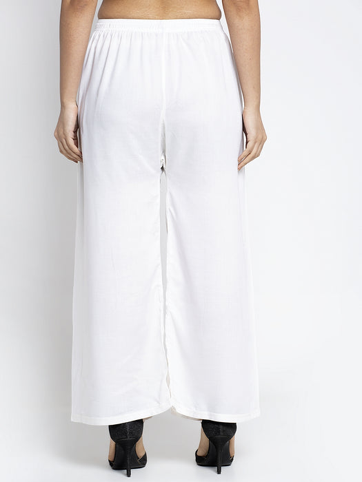 Women Off White Rayon Solid Palazzo