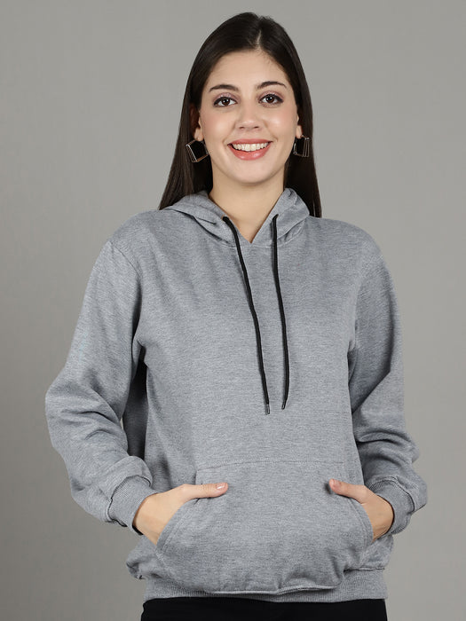 Women Grey Solid Long Sleeve Hoodie with kangaroo Pocket Sweatshirts