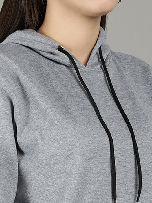 Women Grey Solid Long Sleeve Hoodie with kangaroo Pocket Sweatshirts