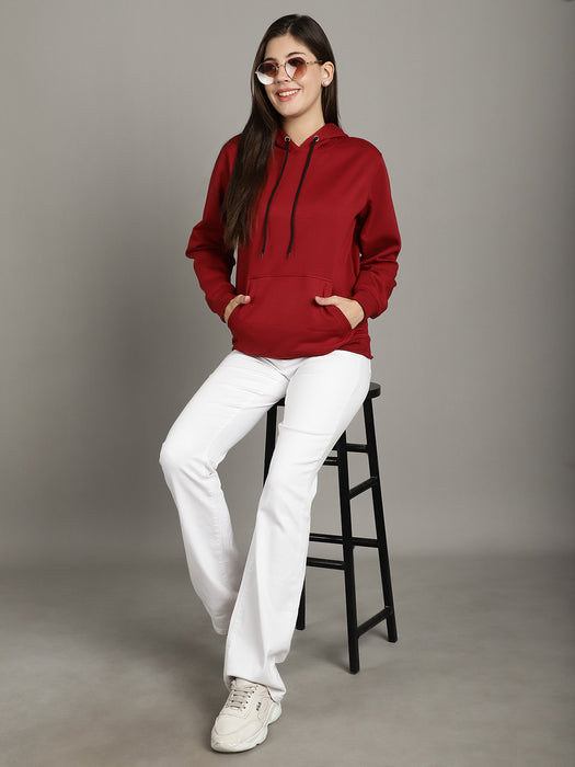 Women Maroon Solid Long Sleeve Hoodie with kangaroo Pocket Sweatshirts