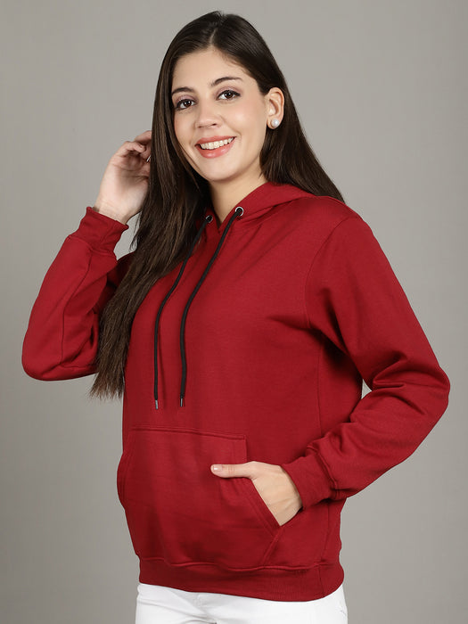 Women Maroon Solid Long Sleeve Hoodie with kangaroo Pocket Sweatshirts