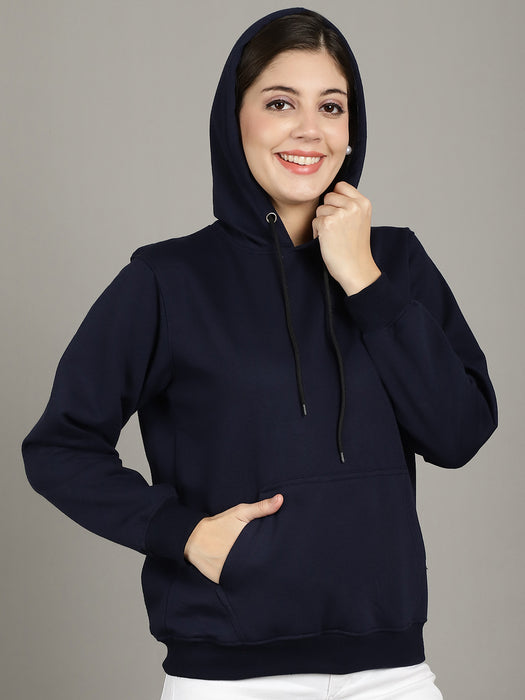 Women Navyblue Solid Long Sleeve Hoodie with kangaroo Pocket Sweatshirts