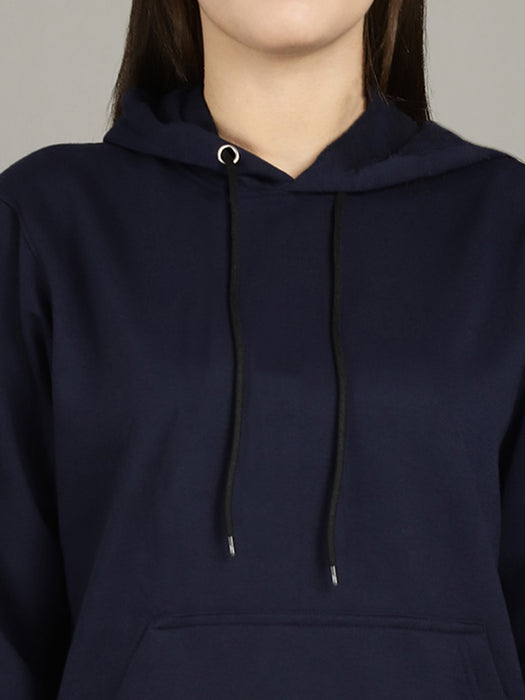 Women Navyblue Solid Long Sleeve Hoodie with kangaroo Pocket Sweatshirts