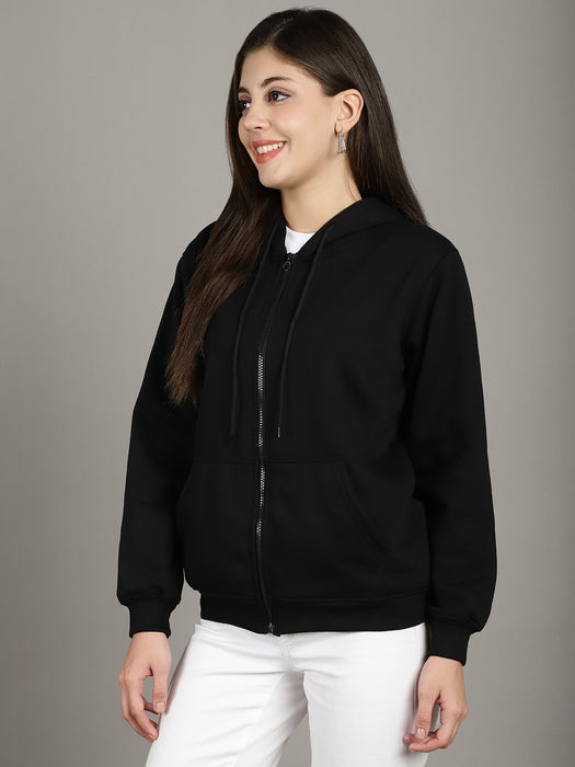 Women Black Full Sleeve Hoodie with front zip and Inserted pocket