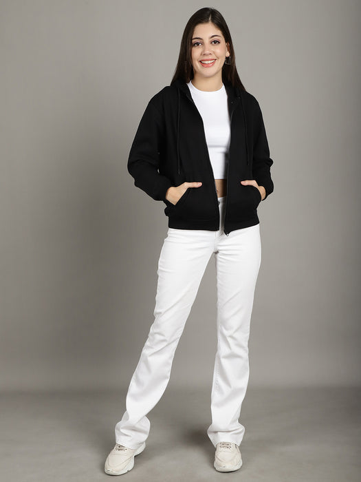 Women Black Full Sleeve Hoodie with front zip and Inserted pocket