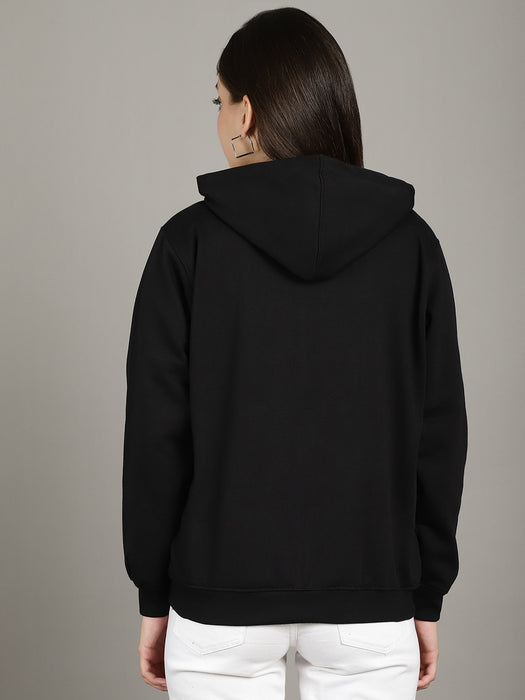 Women Black Full Sleeve Hoodie with front zip and Inserted pocket