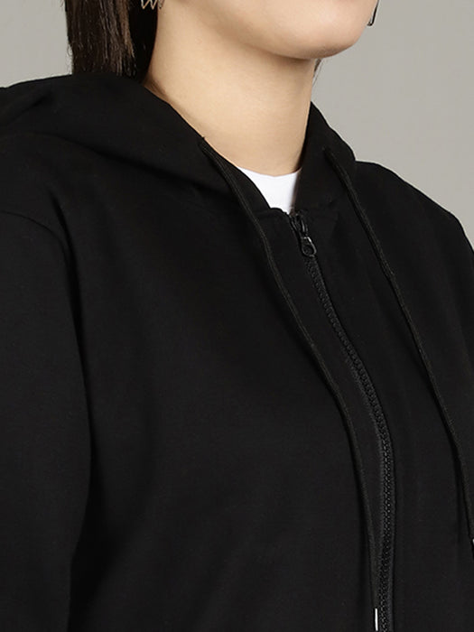 Women Black Full Sleeve Hoodie with front zip and Inserted pocket