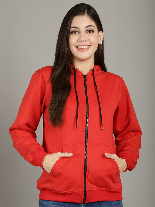 Women Red Full Sleeve Hoodie with front zip and Inserted pocket