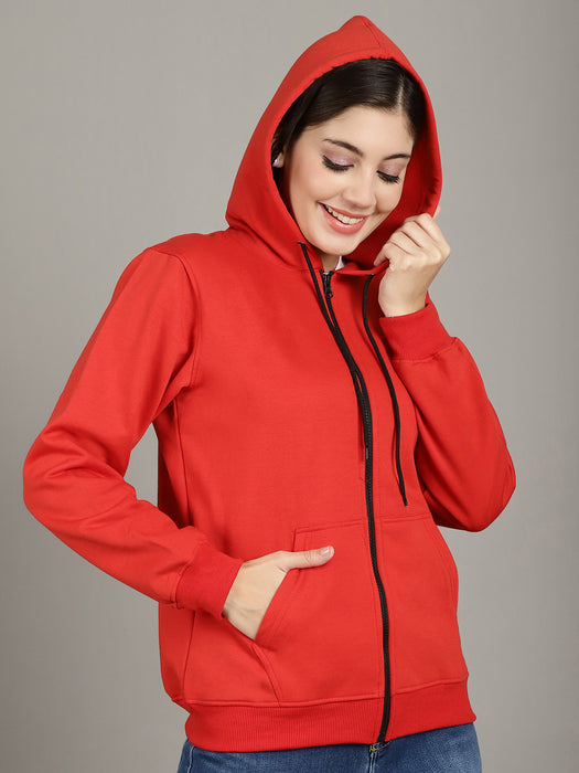 Women Red Full Sleeve Hoodie with front zip and Inserted pocket