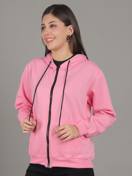 Women Pink Full Sleeve Hoodie with front zip and Inserted pocket