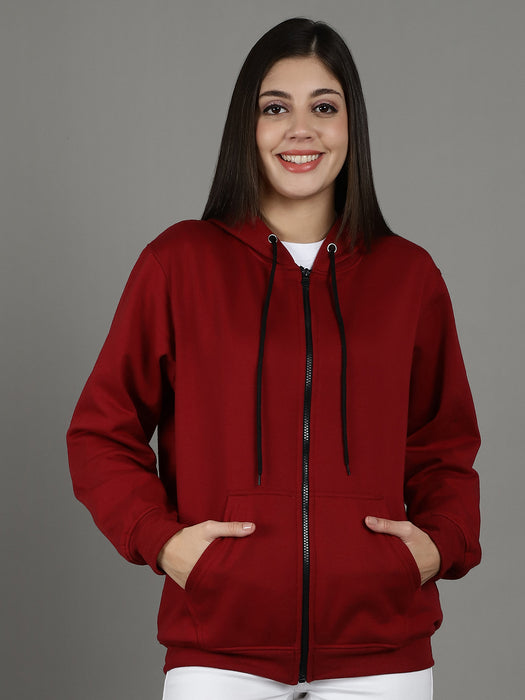 Women Maroon Full Sleeve Hoodie with front zip and Inserted pocket