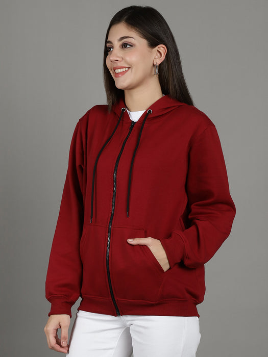 Women Maroon Full Sleeve Hoodie with front zip and Inserted pocket