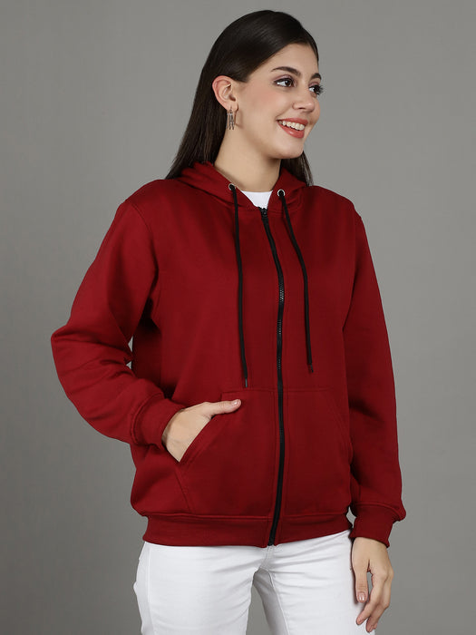 Women Maroon Full Sleeve Hoodie with front zip and Inserted pocket