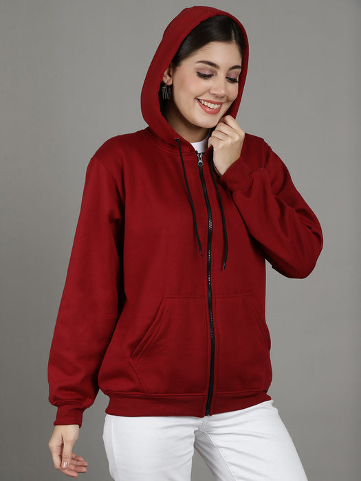 Women Maroon Full Sleeve Hoodie with front zip and Inserted pocket