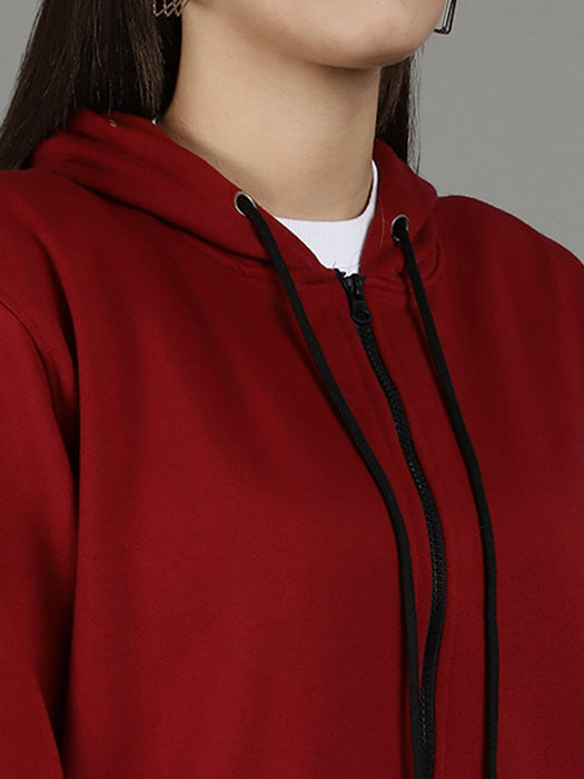 Women Maroon Full Sleeve Hoodie with front zip and Inserted pocket