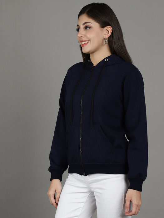 Women Navyblue Full Sleeve Hoodie with front zip and Inserted pocket