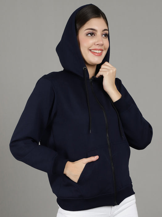 Women Navyblue Full Sleeve Hoodie with front zip and Inserted pocket