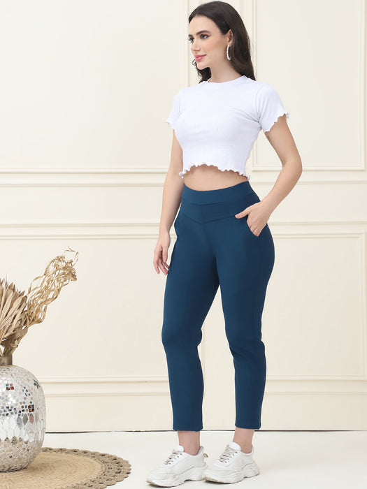 Women Blue Skinny fit Lycra polyster spandex Jegging with Side pocket