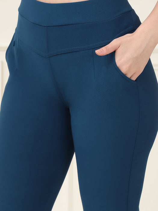 Women Blue Skinny fit Lycra polyster spandex Jegging with Side pocket