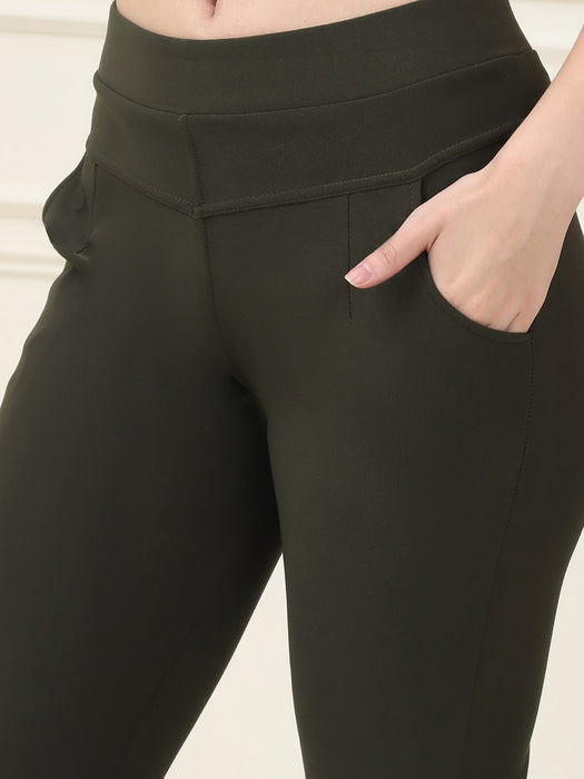 Women Olive Skinny fit Lycra polyster spandex Jegging with Side pocket
