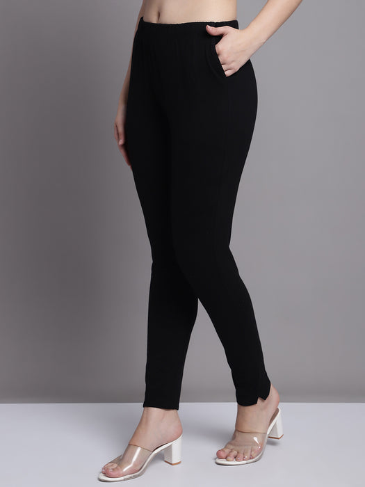 Women Black Cotton lycra legging with side pocket