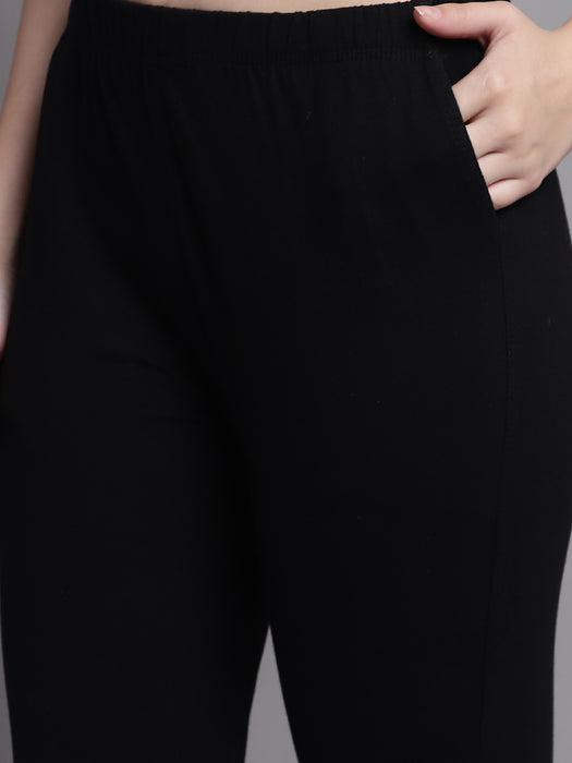Women Black Cotton lycra legging with side pocket