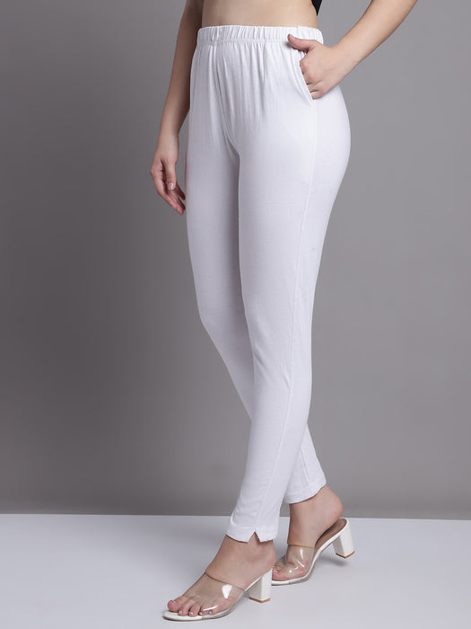 Women White Cotton lycra legging with side pocket