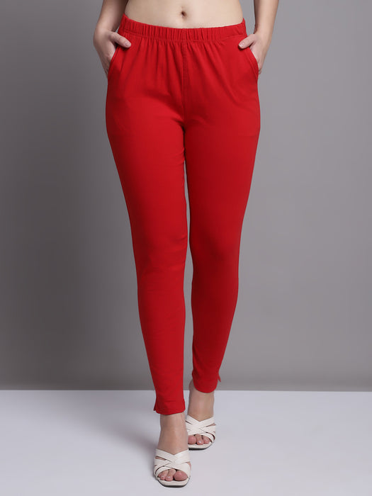Women Red Cotton lycra legging with side pocket