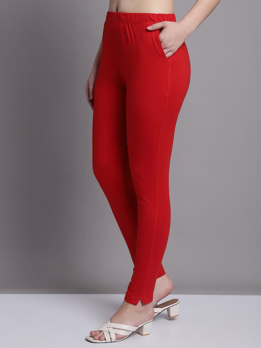 Women Red Cotton lycra legging with side pocket
