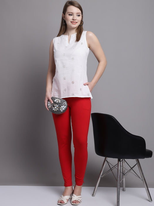 Women Red Cotton lycra legging with side pocket