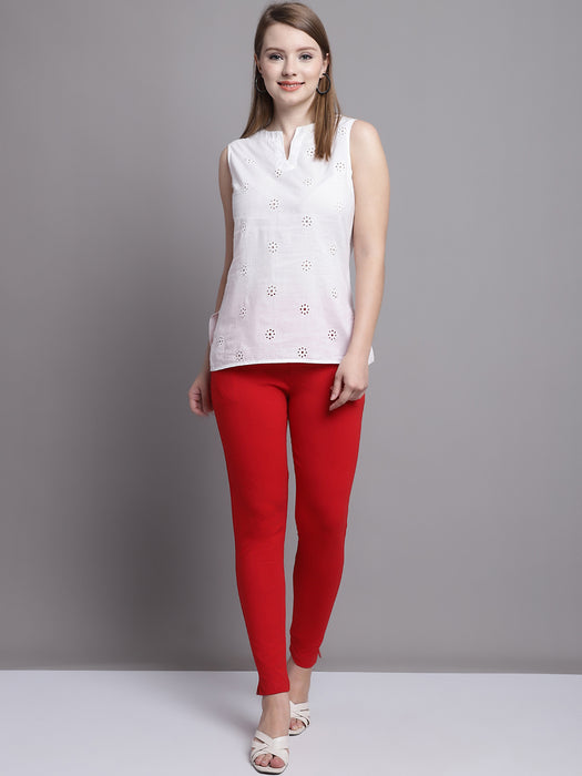 Women Red Cotton lycra legging with side pocket