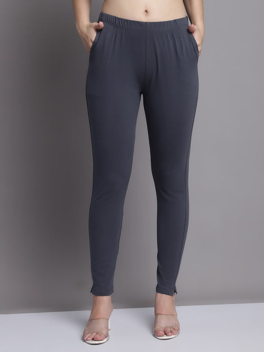 Women Grey Cotton lycra legging with side pocket