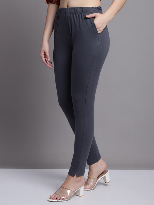 Women Grey Cotton lycra legging with side pocket